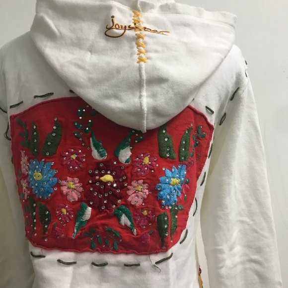 Joystick Johnny Was crystal dove cream red applique embroidered zip hoodie L - Picture 11 of 13